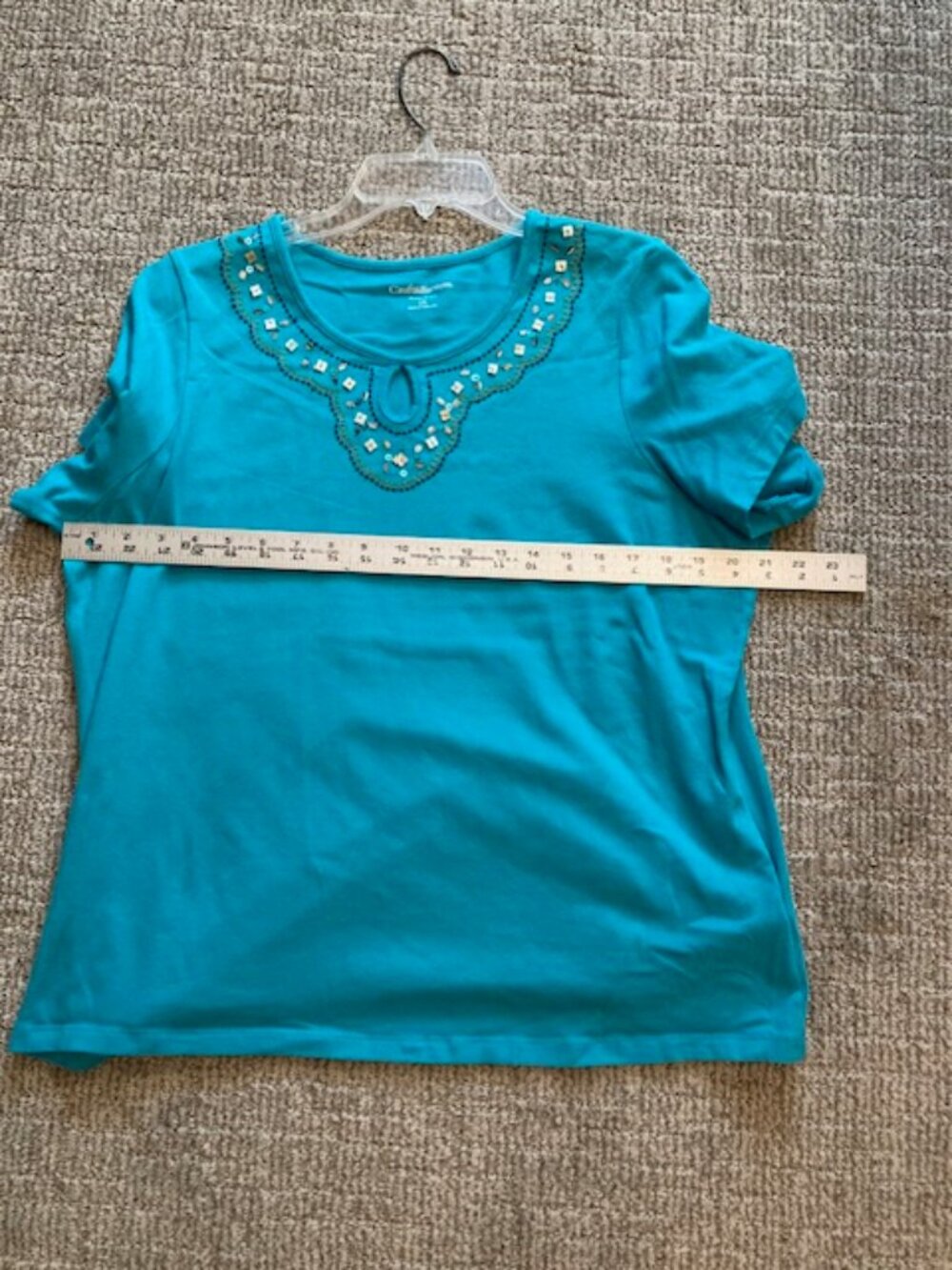 Womens 1X Turquoise Embroidered Beaded Boho Stretch Top